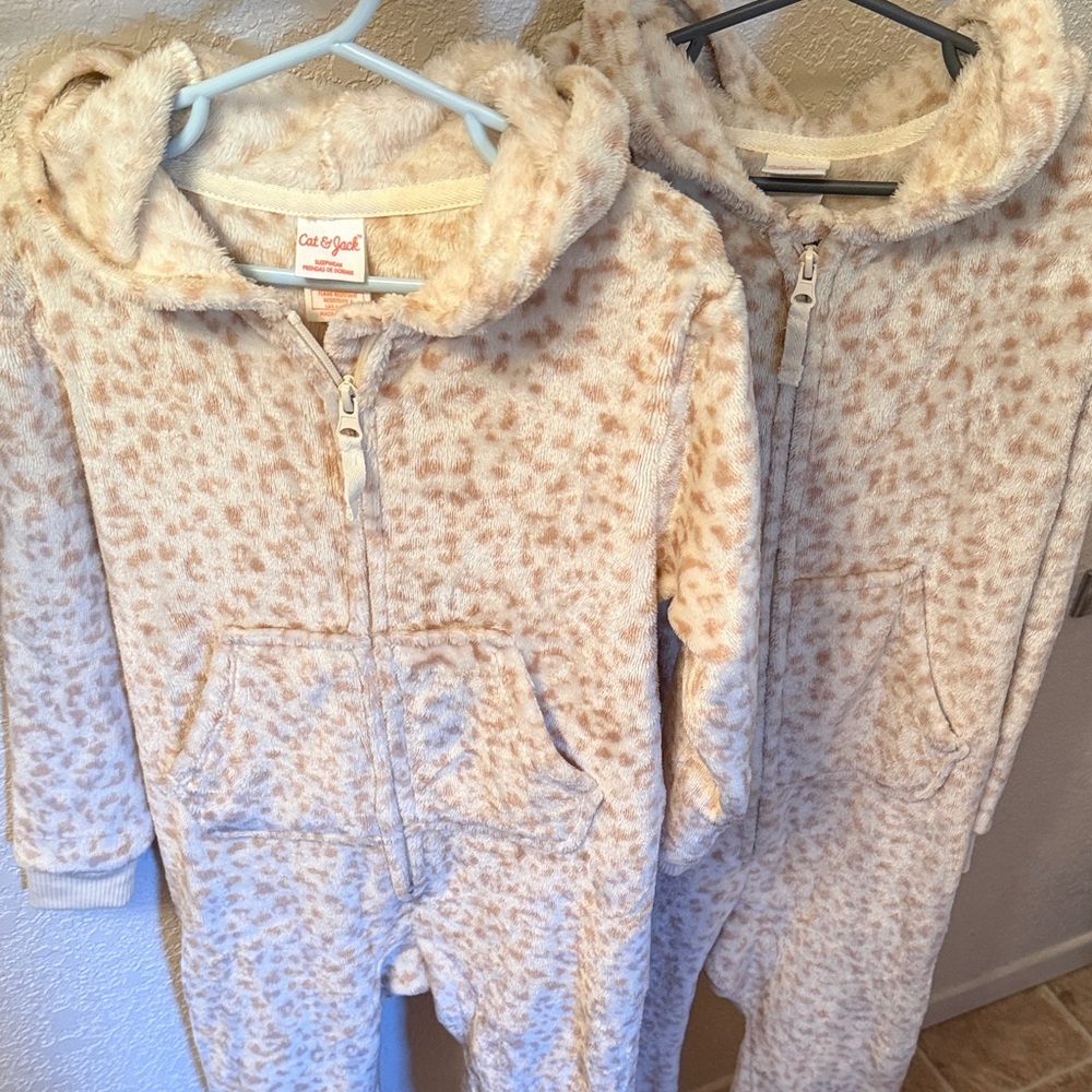 Cat & Jack Plush Leopard-Print Hooded One-Piece Pajama - Cream & Light Brown